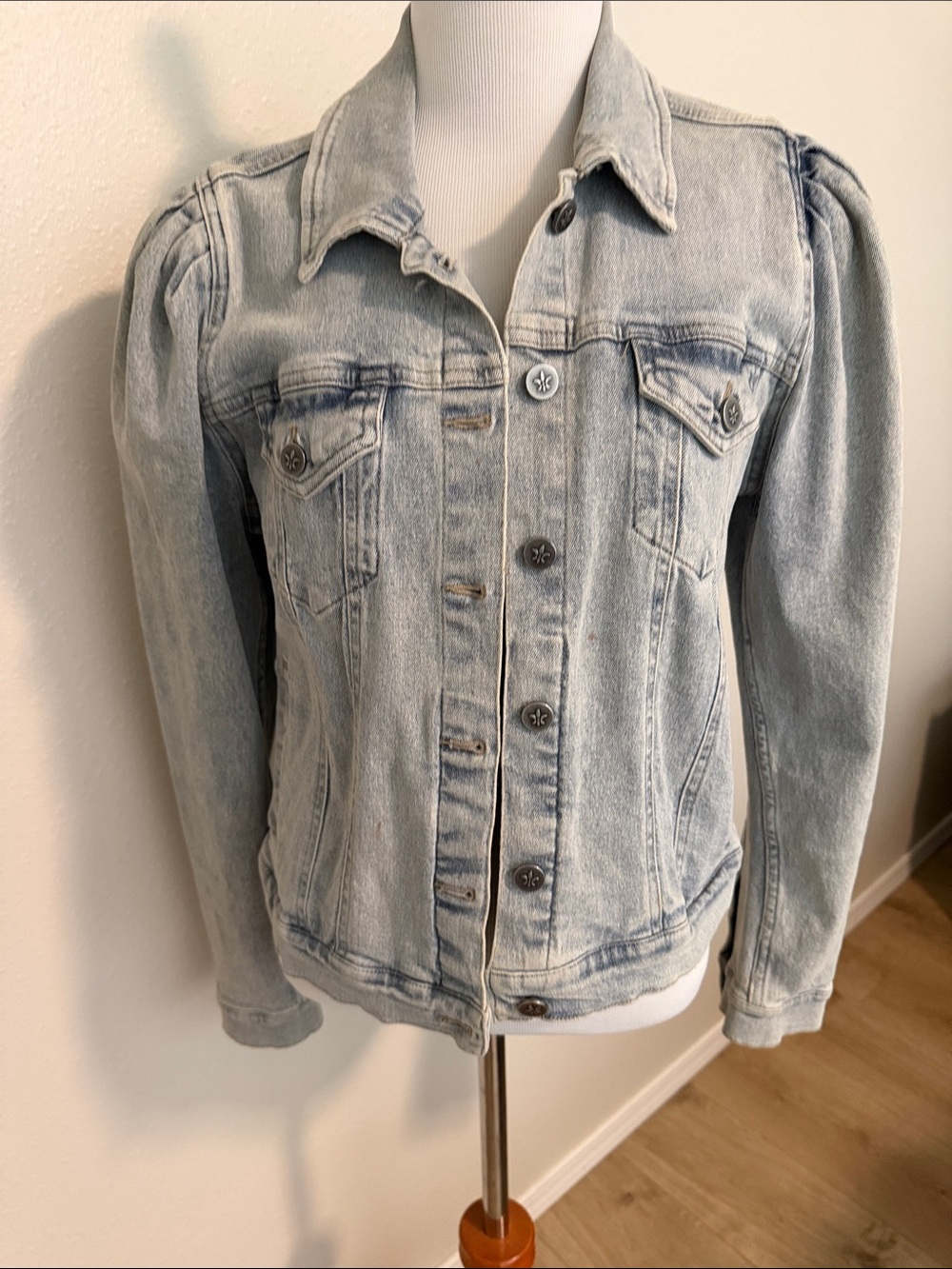 Light Blue Washed Denim Jacket with Puff Shoulder